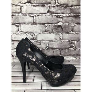 Tory Burch Black Leather Floral Fabric Platform Stiletto High Heels Women Sz 8M